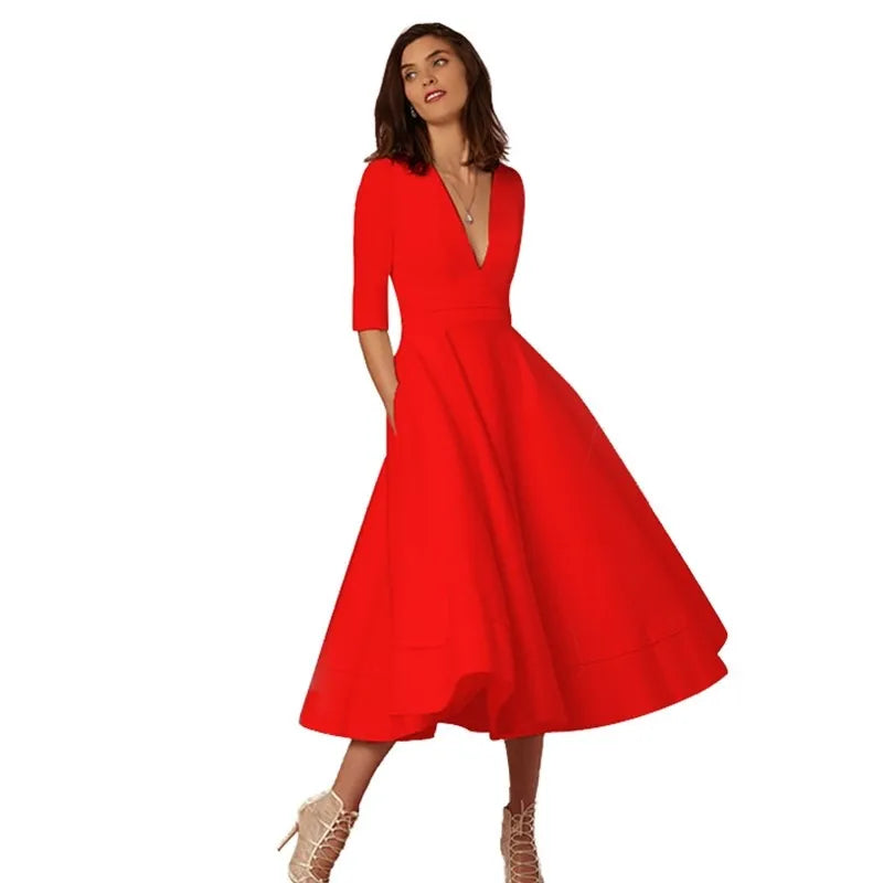 Women’s Elegant V-Neck A-Line Swing Short Sleeve Mini Dress