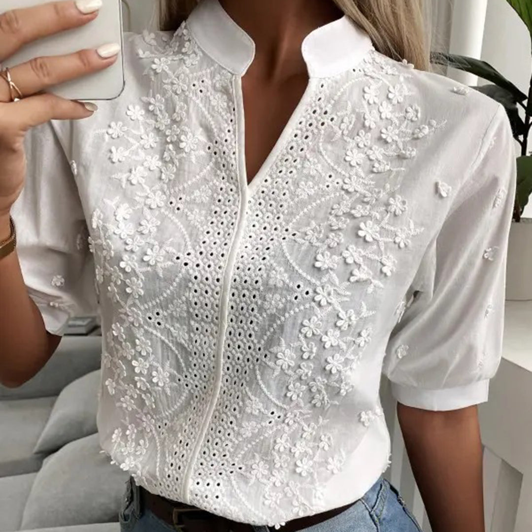 Chic Embroidered Cotton Blouse for Women - Stylish Mandarin Collar & Comfortable Mid-Length Sleeves - Perfectly Breathable Design