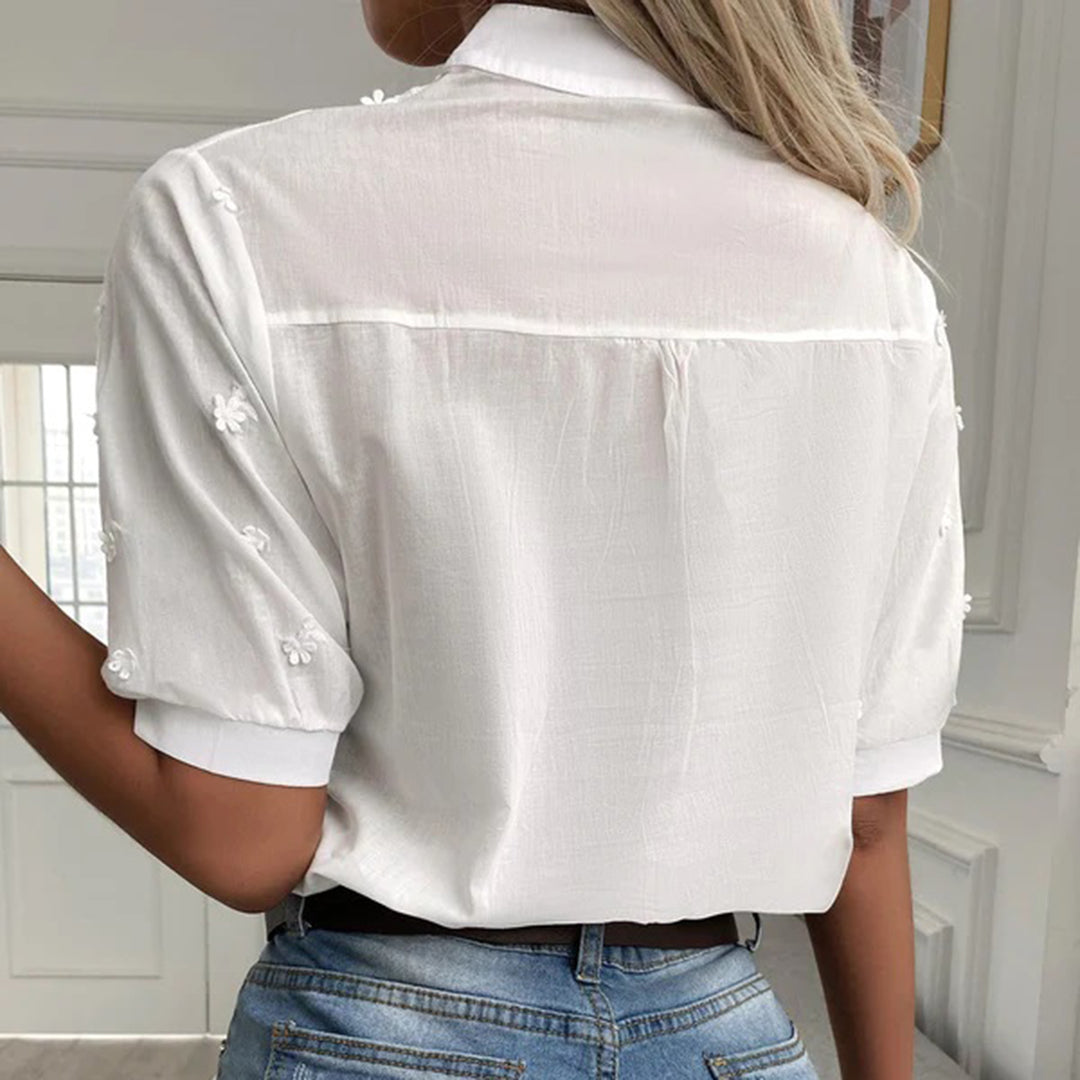 Chic Embroidered Cotton Blouse for Women - Stylish Mandarin Collar & Comfortable Mid-Length Sleeves - Perfectly Breathable Design