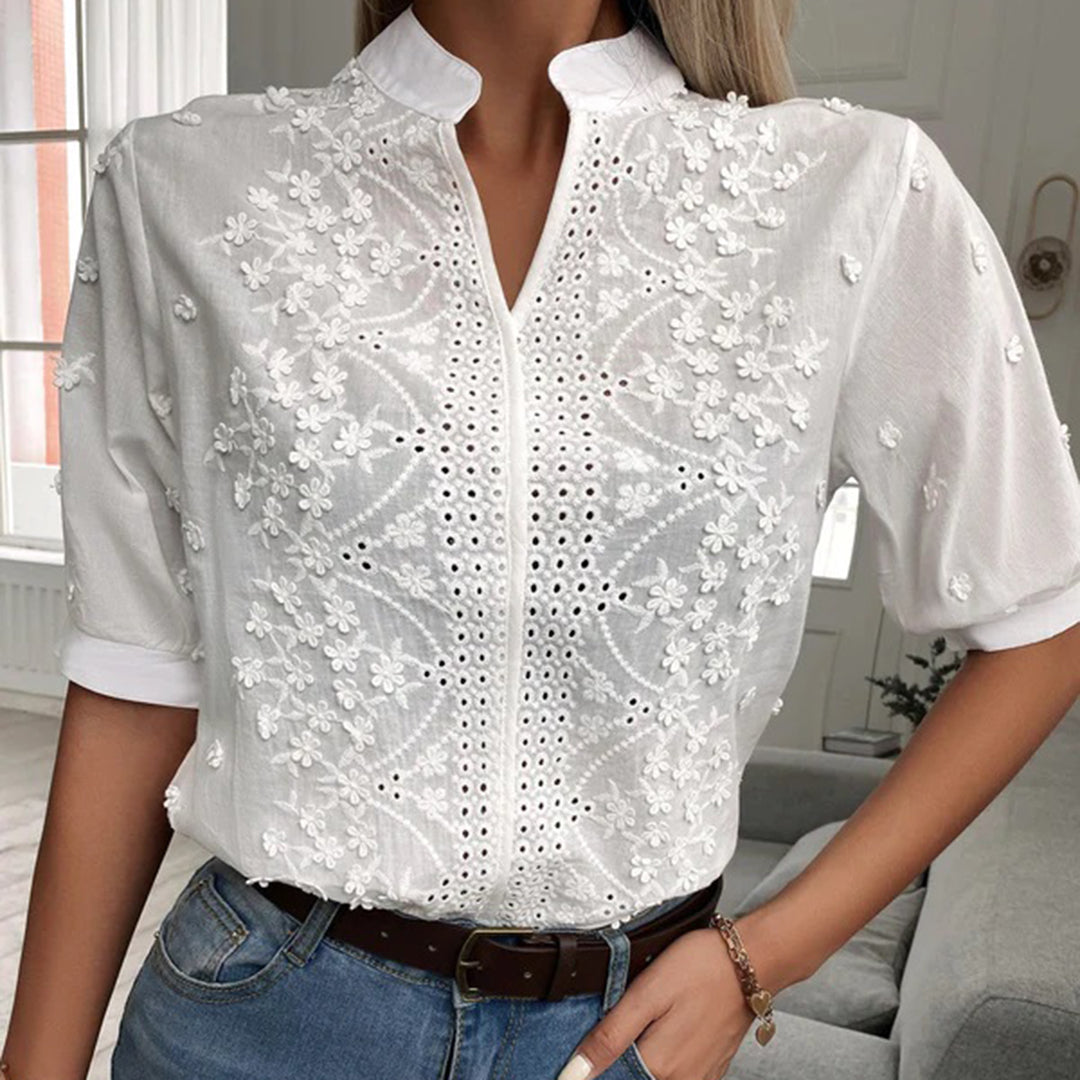 Chic Embroidered Cotton Blouse for Women - Stylish Mandarin Collar & Comfortable Mid-Length Sleeves - Perfectly Breathable Design