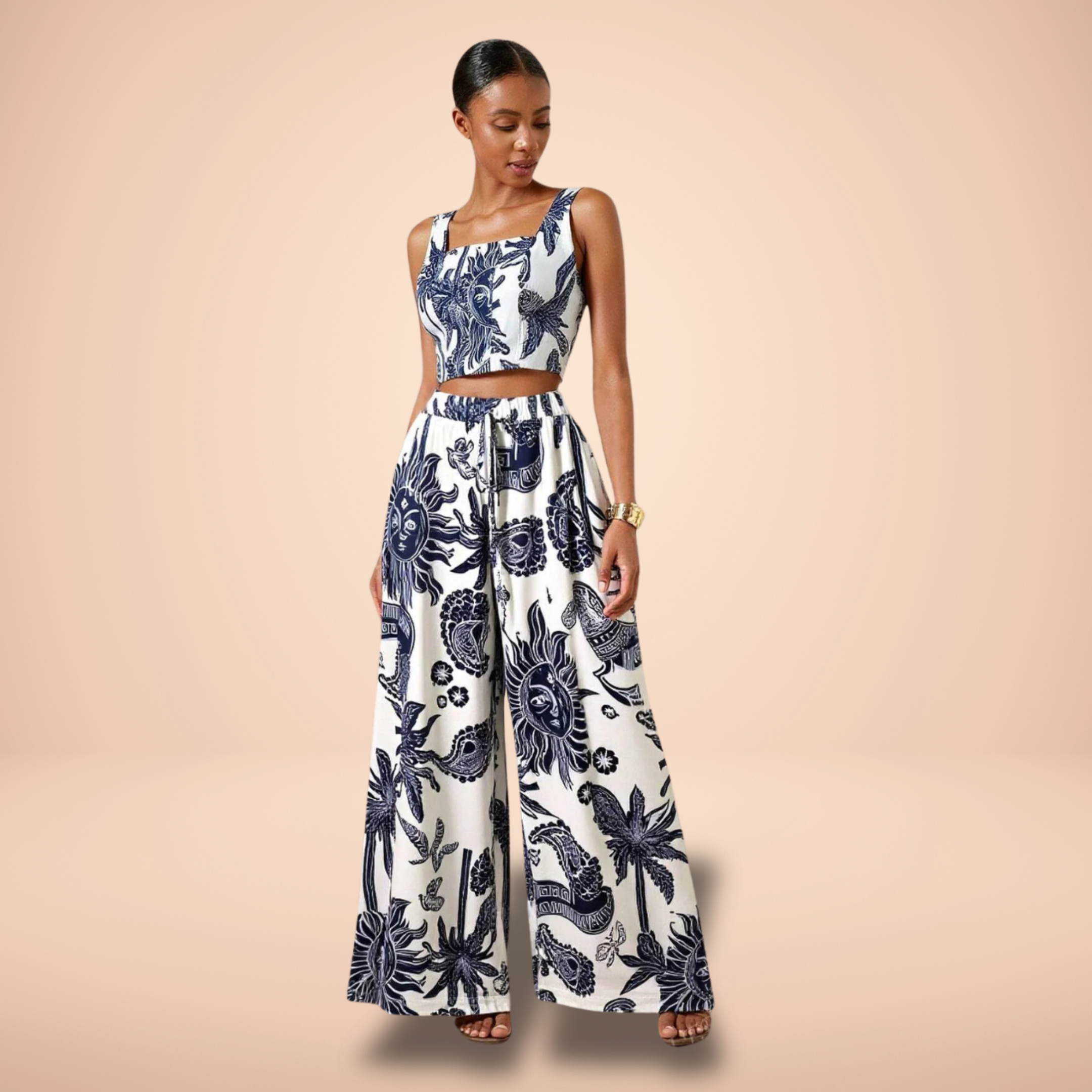 Bohemian Print Square Neck Sleeveless Tank Top And Elastic Waist Pocket Wide Leg Pants
