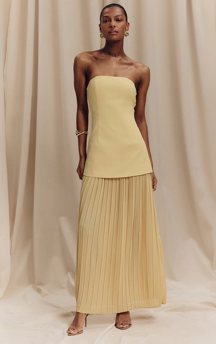 Lemon Bandeau Pleated Chiffon Skirt Panel Maxi Dress