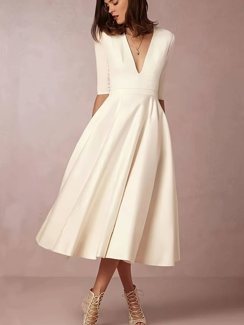 Women’s Elegant V-Neck A-Line Swing Short Sleeve Mini Dress