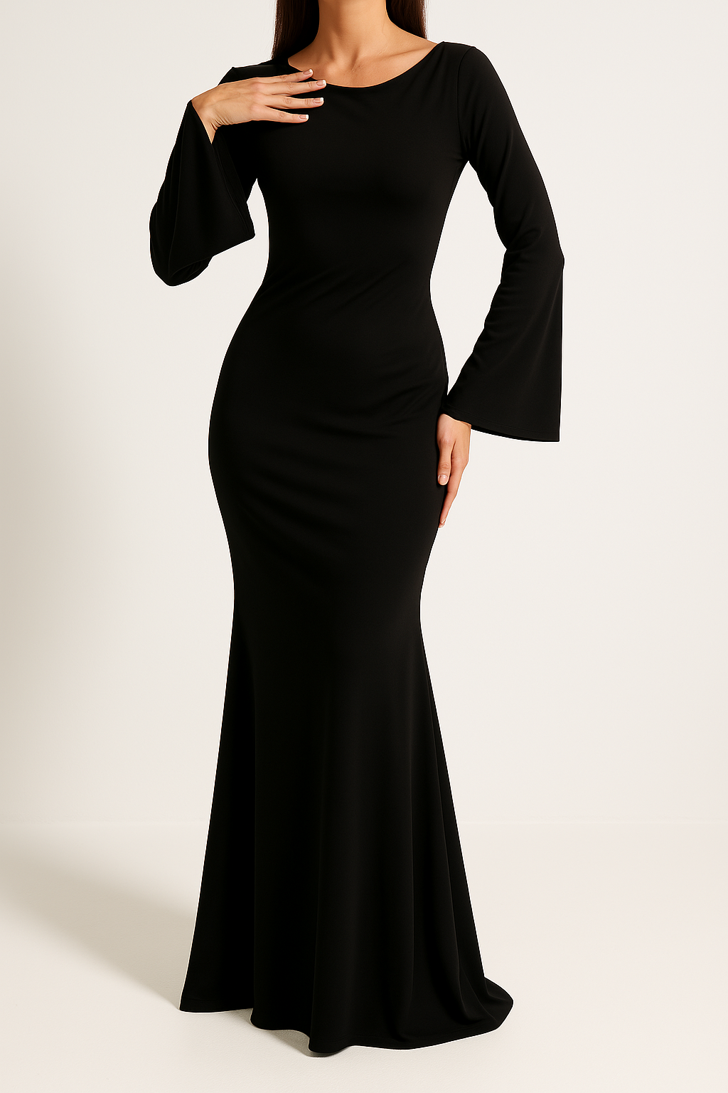 Elegant Long Dress with Flared Sleeves for Women- Black