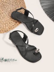 Women’s Black Square Toe Flat Roman Sandals – Metal Buckle Casual Shoes for Daily Wear - Image 5