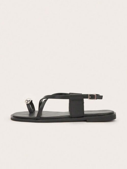 Women’s Black Square Toe Flat Roman Sandals – Metal Buckle Casual Shoes for Daily Wear