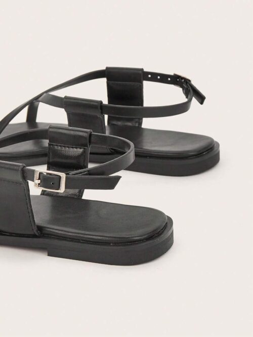 Women’s Black Square Toe Flat Roman Sandals – Metal Buckle Casual Shoes for Daily Wear - Image 4