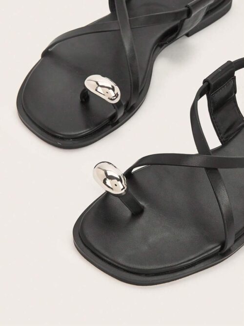 Women’s Black Square Toe Flat Roman Sandals – Metal Buckle Casual Shoes for Daily Wear - Image 3