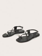 Women’s Black Square Toe Flat Roman Sandals – Metal Buckle Casual Shoes for Daily Wear - Image 2
