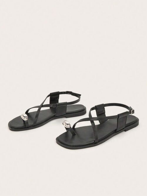 Women’s Black Square Toe Flat Roman Sandals – Metal Buckle Casual Shoes for Daily Wear - Image 2