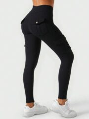 Women's Stretchy Cargo Leggings with Pockets – Casual Black Polyester Blend, Mid-Rise, All-Season Wear - Image 2
