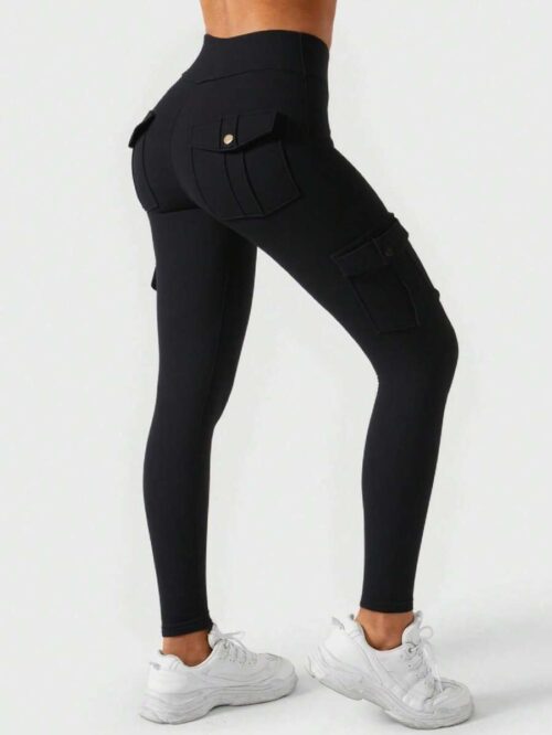 Women's Stretchy Cargo Leggings with Pockets – Casual Black Polyester Blend, Mid-Rise, All-Season Wear - Image 2