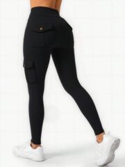Women's Stretchy Cargo Leggings with Pockets – Casual Black Polyester Blend, Mid-Rise, All-Season Wear